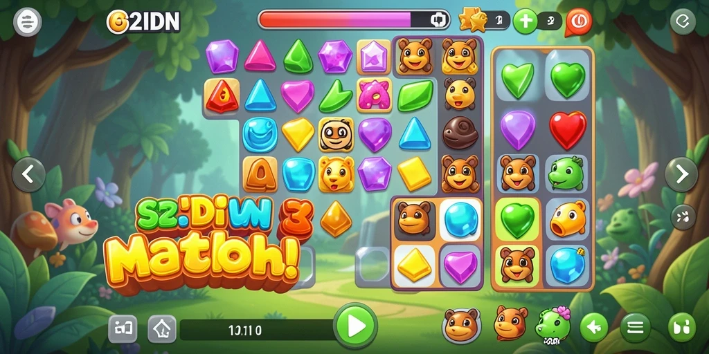 Screenshot utama dari gameplay 62IDN menampilkan aksi mencocokkan permata yang seru.