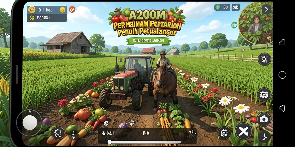 Tampilan utama gameplay dengan ladang subur dan hewan ternak.