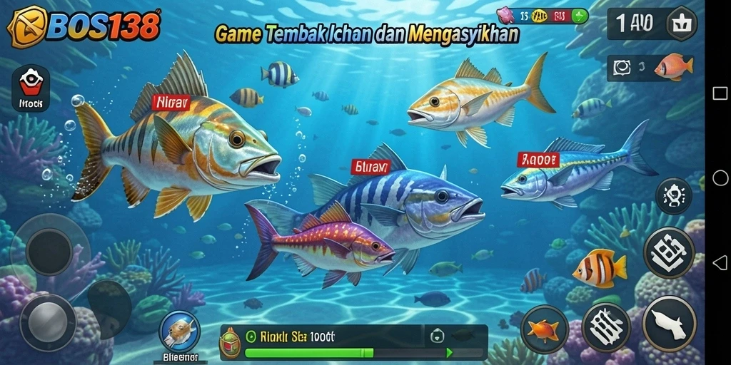 Screenshot utama menunjukkan pemain sedang berburu ikan di dunia bawah laut.