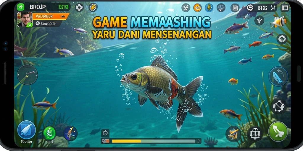 Screenshot dari gameplay BROJP yang menonjolkan aksi memancing yang menegangkan.
