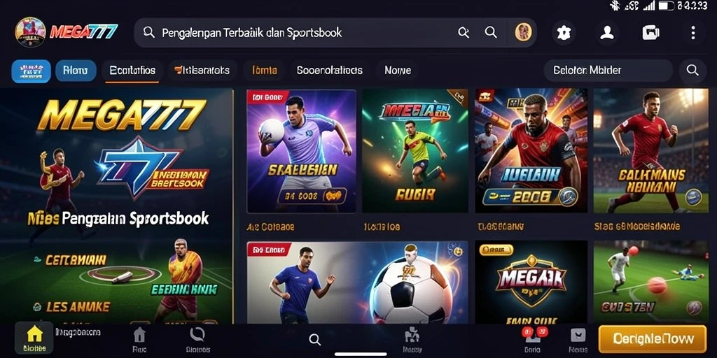 Screenshot utama MEGA777 menampilkan antarmuka taruhan olahraga yang menarik.