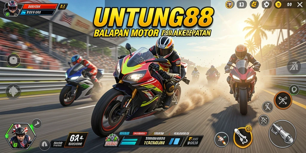 Screenshot utama UNTUNG88 menampilkan aksi balapan motor yang seru.