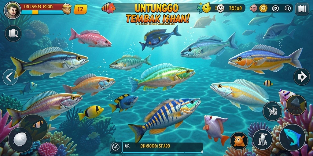 Tampilan gameplay UNTUNGGO yang menampilkan aksi tembak ikan.