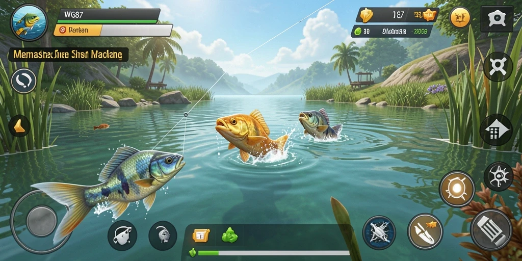 Screenshot gameplay WG87 menampilkan suasana memancing yang mendebarkan.