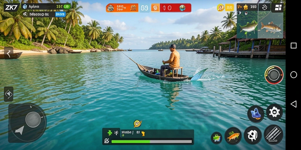 Tampilan gameplay ZK7 yang dramatis dan menawan saat memancing di laut.
